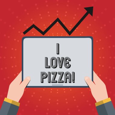 Aşk Pizza gösterilen not yazma. Peynir jambon biber dilimleri ile çok İtalyan yemeği sever için vitrine iş fotoğraf.