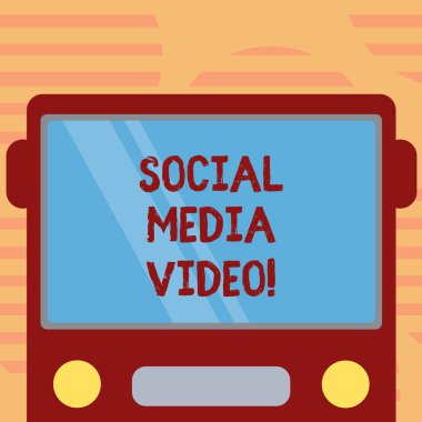 Word metin sosyal medya Video yazma. İş kavramı anları paylaşın veya arkadaşlar arasında içerik için Web sitesi için çizilmiş düz ön görünümü, otobüs boş renk pencere kalkan yansıtan ile.