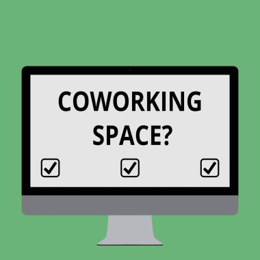 El yazısı metin Coworking Spacequestion. Anlam kavramı iş çalışmaya sağlayan paylaşılan ofis hizmetleri.