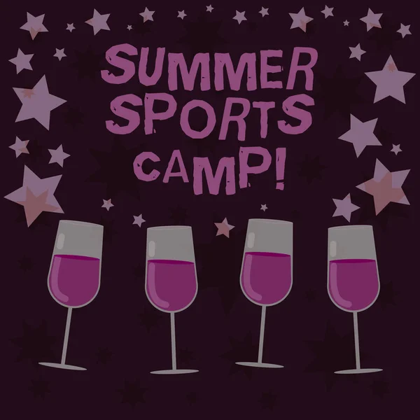 Handwriting text Summer Sports Camp. Concept meaning providing facilities for sleeping eating and handicrafts Filled Cocktail Wine Glasses with Scattered Stars as Confetti Stemware.