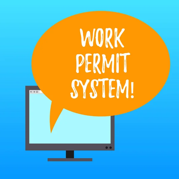 Scrittura di testi a mano Work Permit System. Concetto significa che i sistemi scritti formali utilizzati controllano alcuni tipi di lavoro Monitor per computer montato Schermo vuoto con bolla vocale ovale a colori . — Foto Stock