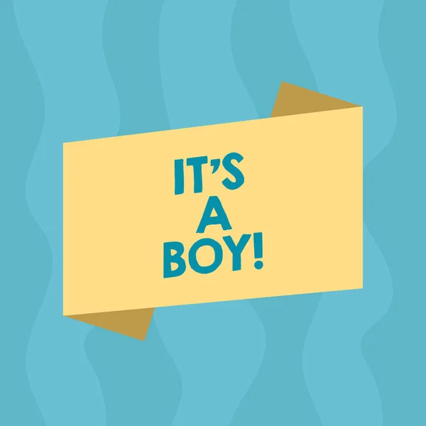 概念手写显示它是一个男孩。商业照片展示期待期待一个男婴可爱的蓝色很多汽车玩具空白颜色折叠横幅风格公告海报. — 图库照片