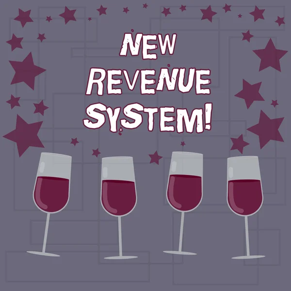 Tekst bord toont nieuwe inkomsten systeem. Conceptuele foto inkomen bedrijf kreeg van haar activiteiten meestal verkoop gevuld Cocktail wijn glazen met verspreide sterren als Confetti Roemer. — Stockfoto