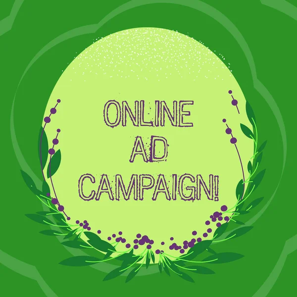 Handwriting text Online Ad Campaign. Concept meaning marketing effort put forward by company drive engagement Blank Color Oval Shape with Leaves and Buds as Border for Invitation.