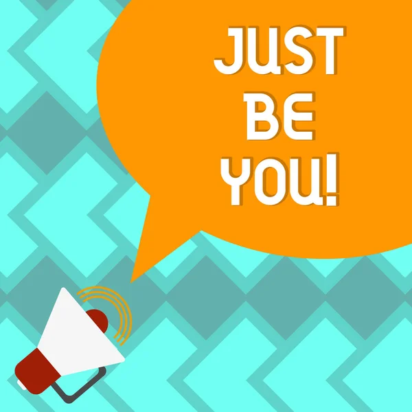 Signo de texto que muestra Just Be You. Foto conceptual Sigue siendo auténtico único a ti mismo Motivación Inspiración Megáfono con sonido Icono de volumen y color en blanco Voz burbuja foto . — Foto de Stock