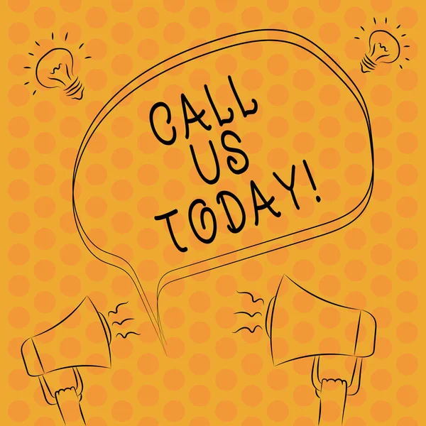 Writing note showingCall Us Today. Business photo showcasing Make a telephone calling to ask for advice or support Freehand Outline Sketch of Speech Bubble Megaphone Idea Icon