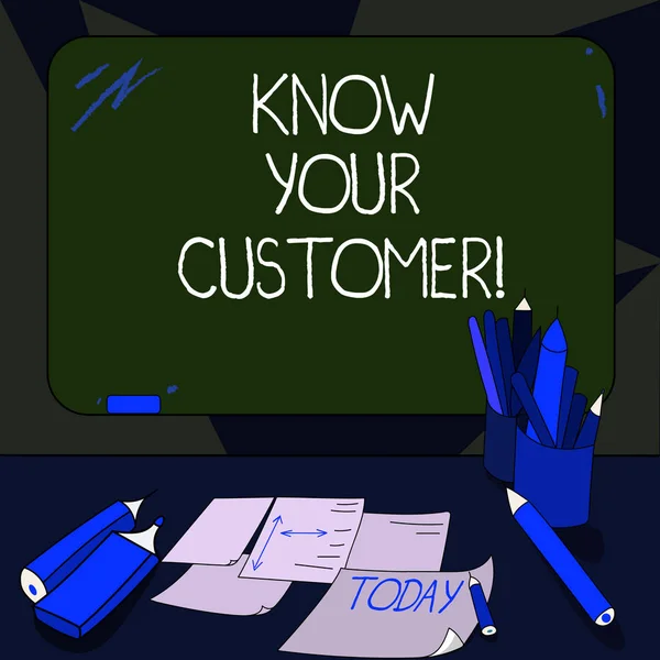 Handwriting text writing Know Your Customer. Concept meaning verifying identity clients and assessing potential risks Mounted Blank Color Blackboard with Chalk and Writing Tools Sheets on Desk. — Stock Photo, Image