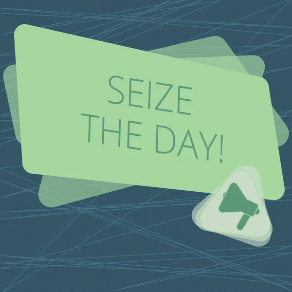Handwriting text Seize The Day. Concept meaning Embrace opportunities Have motivation inspiration optimism Megaphone Inside Triangle and Blank Color Rectangle for Announcement.