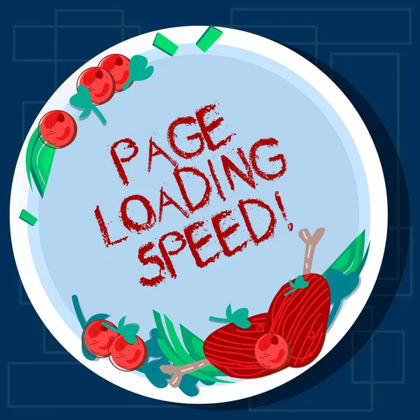 Writing note showing Page Loading Speed. Business photo showcasing time it takes to download and display content of web Hand Drawn Lamb Chops Herb Spice Cherry Tomatoes on Blank Color Plate.