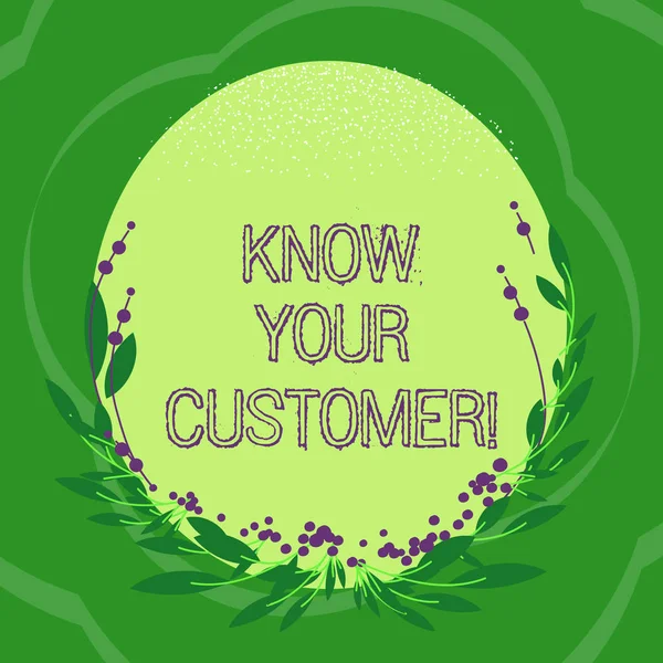Handwriting text Know Your Customer. Concept meaning verifying identity clients and assessing potential risks Blank Color Oval Shape with Leaves and Buds as Border for Invitation.