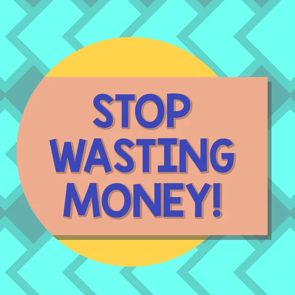 Text sign showing Stop Wasting Money. Conceptual photo avoid dissipation waste useless or profitless activity Blank Rectangular Color Shape with Shadow Coming Out from a Circle photo.
