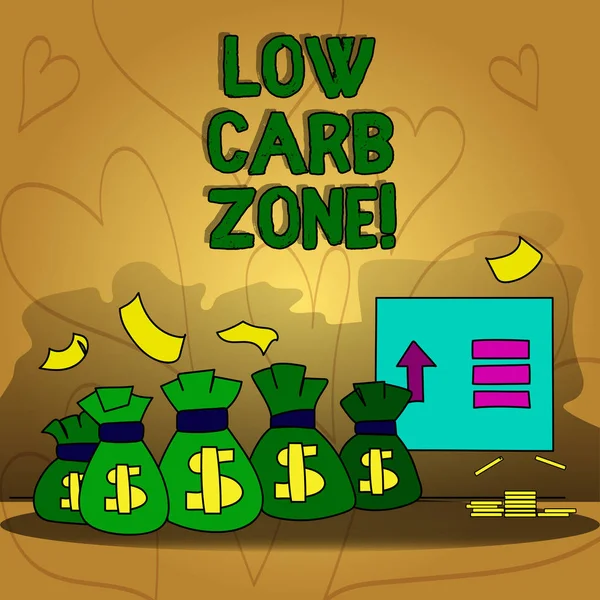 Konceptuální ručně psaného textu ukazuje Low Carb Zone. Firemní Foto text zdravé stravy pro hubnutí jíst více bílkovin bez cukru. — Stock fotografie