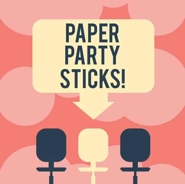 Writing Obs visar papper Party pinnar. Företag foto skylta färgade former av hårt papper används skapa emojis utrymme färg pil som pekar till en av de tre Swivel stolar. — Stockfoto
