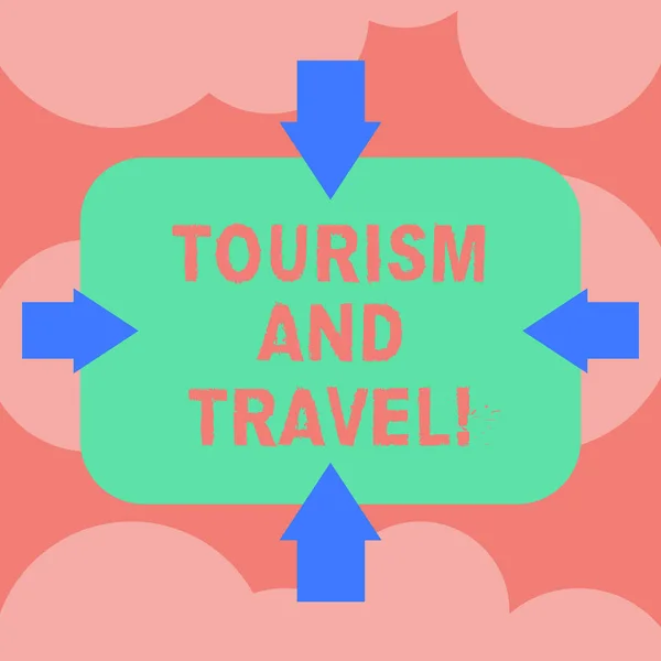 観光と旅行を示すメモを書きます。楽しい観光客矢印 4 側面の空白長方形図形を指す内側写真を収容を集めて事業写真展示事業. — ストック写真
