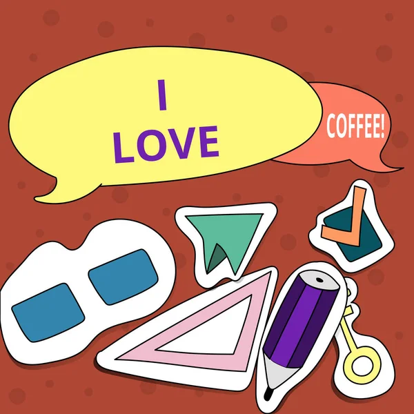 Koncepcyjne w zapasie pismo, Wyświetlono ja uwielbiam kawę. Biznesowe zdjęcie tekstu uczucia miłości do gorących napojów z kofeiną uzależnienia. — Zdjęcie stockowe