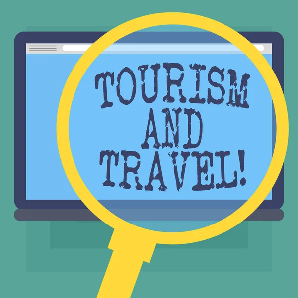 Escritura manual conceptual que muestra Turismo y Viajes. negocio de texto de foto de negocios atraer a turistas entretenidos complacientes lupa Ampliación de la tableta Color pantalla texto espacio . — Foto de Stock