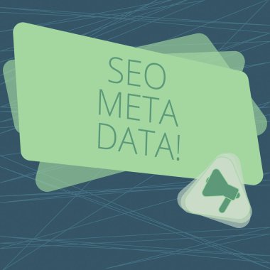 El yazısı metin Seo Meta veri. Arama Motoru Optimizasyonu Online pazarlama stratejisi duyuru için üçgen ve boş renk dikdörtgeni içinde megafon anlam kavramı.