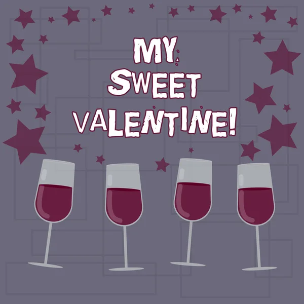 Text sign showing My Sweet Valentine. Conceptual photo day to celebrate couples in roanalysistically involved Filled Cocktail Wine Glasses with Scattered Stars as Confetti Stemware. — Stock Photo, Image