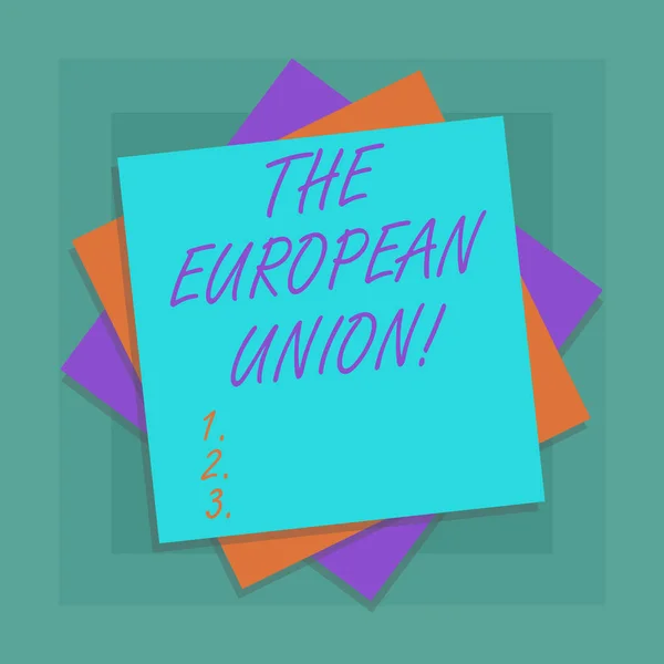 Conceptual hand writing showing The European Union. Business photo showcasing EU to which the member states of the EEC are evolving Multiple Layer of Sheets Color Paper Cardboard with Shadow. — Stock Photo, Image