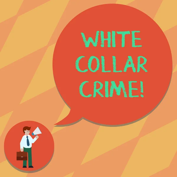 Κείμενο πινακίδα που δείχνει άσπρο γιακά του εγκλήματος. Εννοιολογική φωτογραφία αναφέρεται οικονομικά κίνητρα nonviolent έγκλημα από επιχείρηση άνθρωπος στη γραβάτα μεταφέρει χαρτοφύλακα κρατώντας τηλεβόα κενό συννεφάκι ομιλίας. — Φωτογραφία Αρχείου