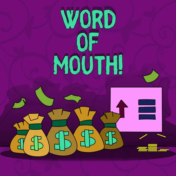 Conceptual hand writing showing Word Of Mouth. Business photo showcasing Oral spreading of information Storytelling Viva Voice. — Stock Photo, Image