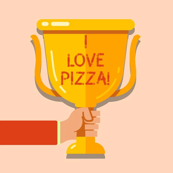 私の愛のピザを示すメモを書きます。スライス チーズ ハム ピーマンたくさんイタリア料理のように展示事業写真. — ストック写真