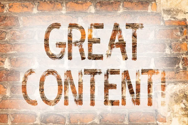 Writing note showing Great Content. Business photo showcasing Excellent Information Valuable Interesting Good Convenient Brick Wall art like Graffiti motivational call written on the wall.