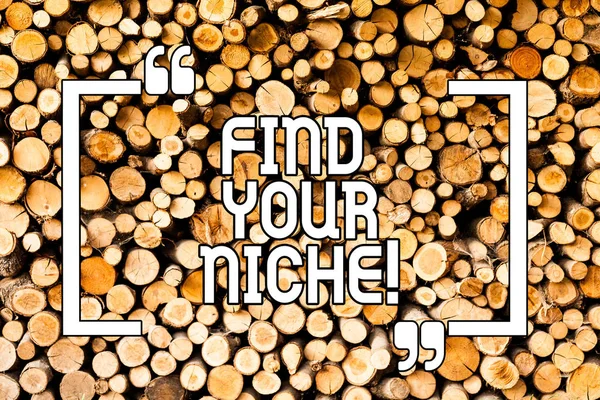 Εννοιολογική χέρι γραφή δείχνει βρείτε σας Niche. Επαγγελματίες φωτογραφία προβάλλοντας αναζήτησης για το πεδίο αποφασίσει επιλογή εκπαίδευσης ξύλινη εργασία φόντο εκλεκτής ποιότητας ξύλο άγριο μήνυμα ιδέες τις σκέψεις σας. — Φωτογραφία Αρχείου
