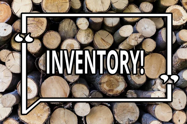 Conceptual hand writing showing Inventory. Business photo showcasing Complete list of items like products goods in stock properties Wooden background vintage wood wild message ideas thoughts.