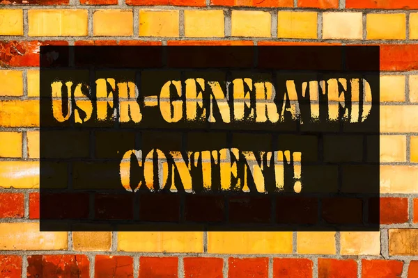 Conceptual hand writing showing User Generated Content. Business photo showcasing Images videos text audio that posted by users Brick Wall art like Graffiti motivational written on wall.