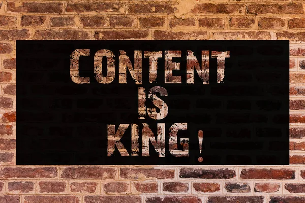 Text sign showing Content Is King. Conceptual photo articles or posts can guarantee you success Advertising Brick Wall art like Graffiti motivational call written on the wall.