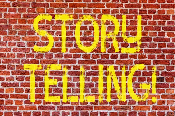 Writing note showing Story Telling. Business photo showcasing Tell or write short Stories Share Personal Experiences Brick Wall art like Graffiti motivational call written on the wall.