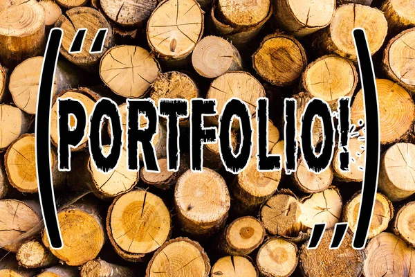 Handwriting text Portfolio. Concept meaning Examples of work used to apply for a job Combination of shares Wooden background vintage wood wild message ideas intentions thoughts.