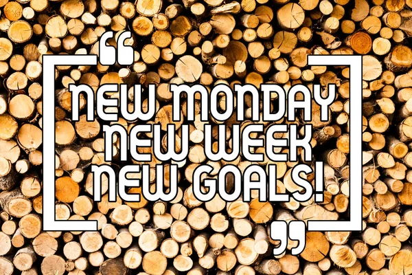 Conceptual hand writing showing New Monday New Week New Goals. Business photo showcasing next week resolutions To do list Goals Targets Wooden background vintage wood wild message ideas thoughts.
