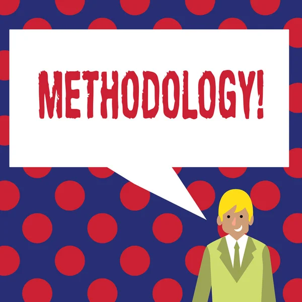 Schrijven van notitie weergegeven: methodologie. Zakelijke foto presentatie van systeem van methoden gebruikt in een studie of activiteit stappen te volgen. — Stockfoto