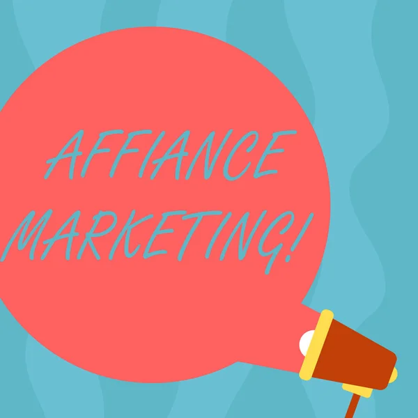 Conceptual hand writing showing Affiance Marketing. Business photo showcasing joining two or more companies in same field mutual goal Round Speech Bubble Coming Out of Megaphone for Announcement. — Stock Photo, Image