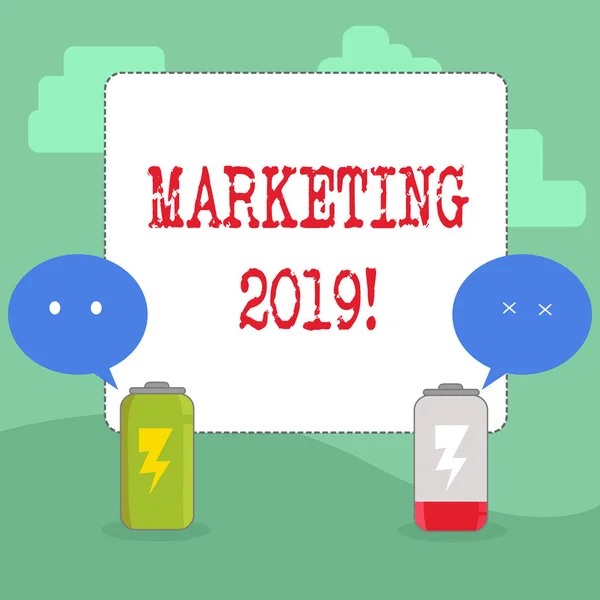 Escritura a mano de texto Marketing 2019. Concepto que significa Año Nuevo Estrategias de mercado Nuevo comienzo Ideas publicitarias . — Foto de Stock