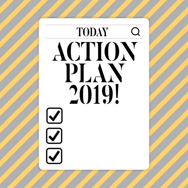 Conceptual hand writing showing Action Plan 2019. Business photo showcasing to do list in new year New year resolution goals Targets.