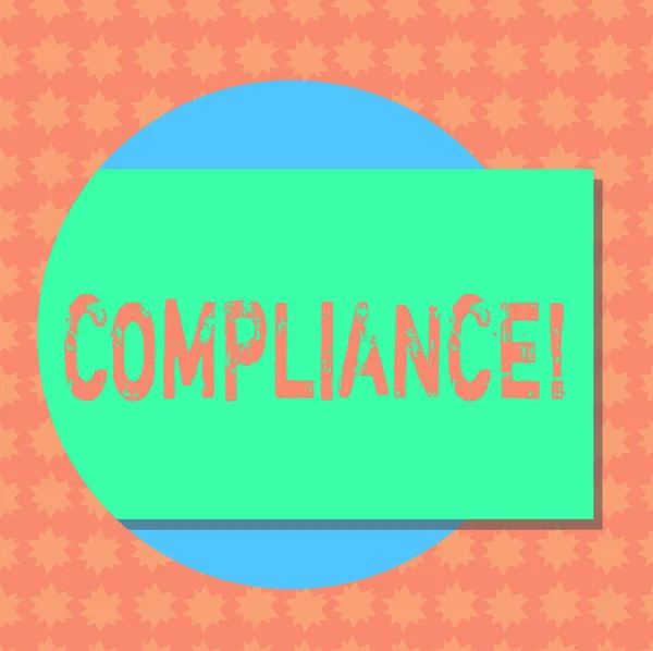 Writing note showing Compliance. Business photo showcasing Technology Company sets its policy standard regulations Rectangular Color Shape with Shadow Coming Out from a Circle.