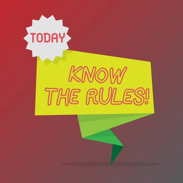 Ecriture conceptuelle montrant Know The Rules. Texte de la photo d'affaires Soyez au courant des procédures des protocoles du Règlement sur les lois . — Photo