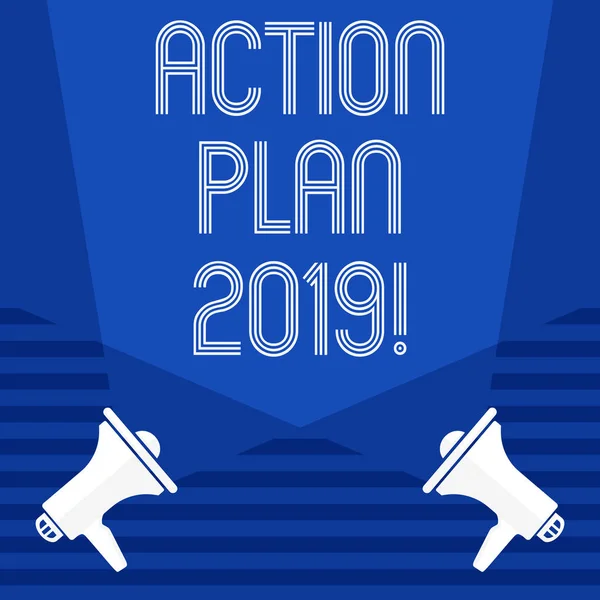 Znak tekstowy Wyświetlono 2019 Plan działania. Koncepcyjne zdjęcie zrobić listę w nowy rok nowy rok rozdzielczość cele cele. — Zdjęcie stockowe