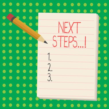 Metin sonraki adımlar yazılı kelime. İş kavramı aşağıdaki hamle strateji planı vermek yönergeleri kılavuz için.