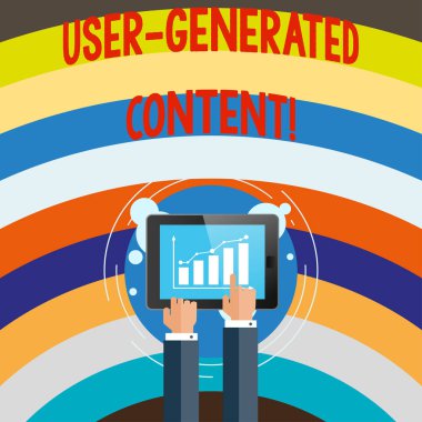 Kullanıcı tarafından oluşturulan içerik gösterilen yazma kavramsal el. Deftere nakledilen iş fotoğraf metin görüntüleri video metin ses kullanıcılar tarafından.