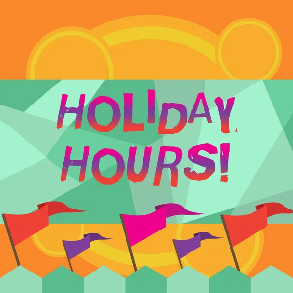 Conceptual hand writing showing Holiday Hours. Business photo text Celebration Time Seasonal Midnight Sales ExtraTime Opening. — Stock Photo, Image