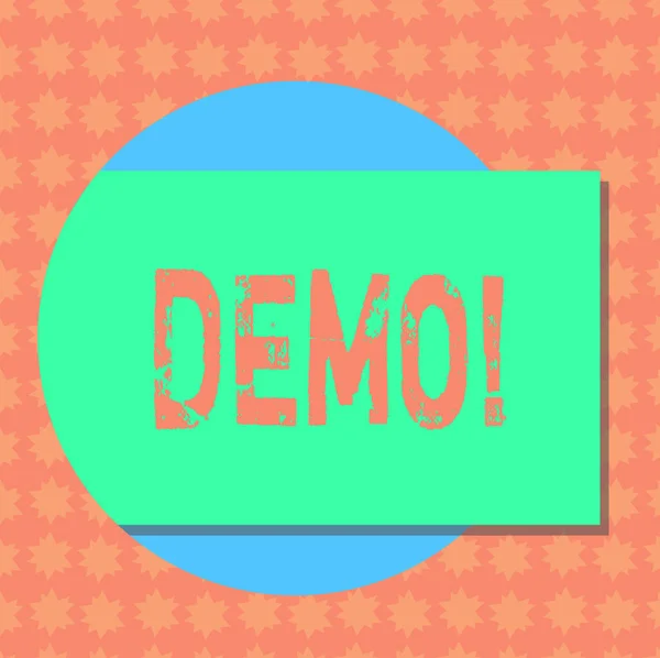 Writing note showing Demo. Business photo showcasing Demonstration of products by software companies are displayed annually Rectangular Color Shape with Shadow Coming Out from a Circle.