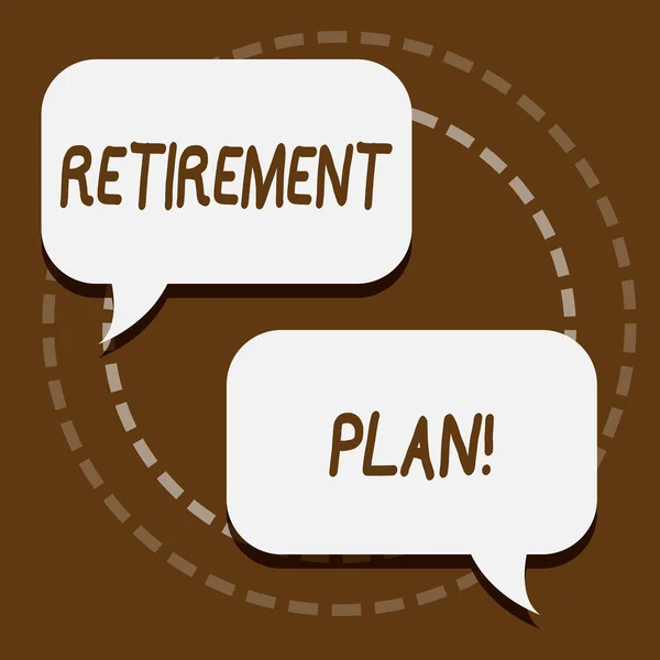 Text sign showing Retirement Plan. Conceptual photo Savings Investments that provide incomes for retired workers. — Stock Photo, Image