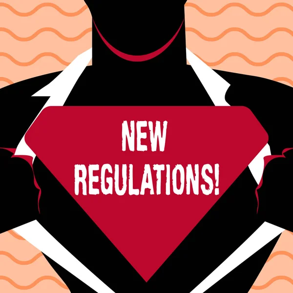 Texto de redação de palavras Novos Regulamentos. Conceito de negócio para mudança de leis Regras Normas Corporativas Especificações . — Fotografia de Stock