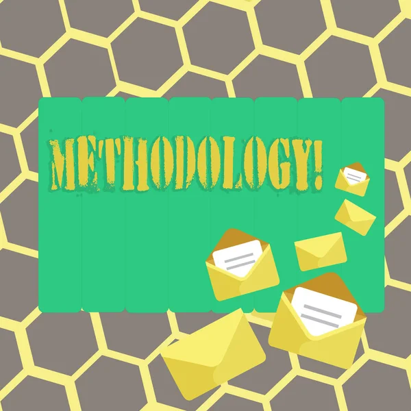 Tekst teken weergegeven: methodologie. Conceptuele foto systeem van methoden gebruikt bij een studie of activiteit stappen te volgen. — Stockfoto