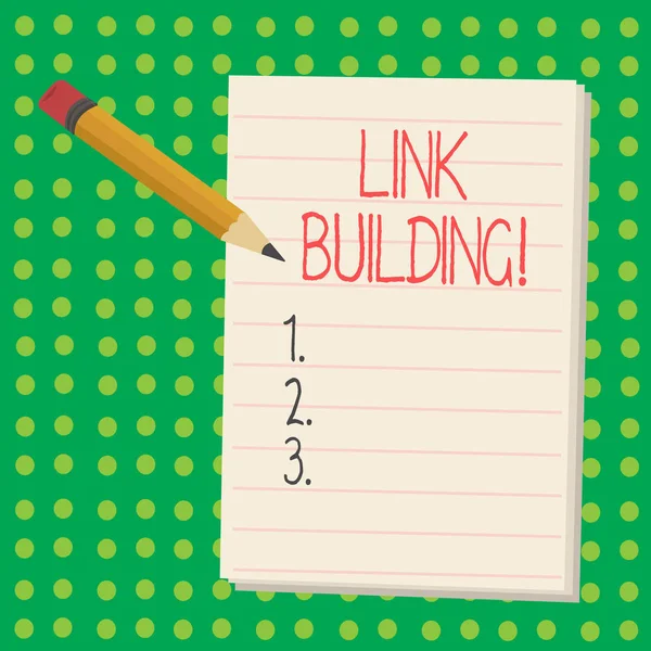 Scrittura di testi Link Building. Business concept per il processo di acquisizione di collegamenti ipertestuali da altri siti web Connessione . — Foto Stock