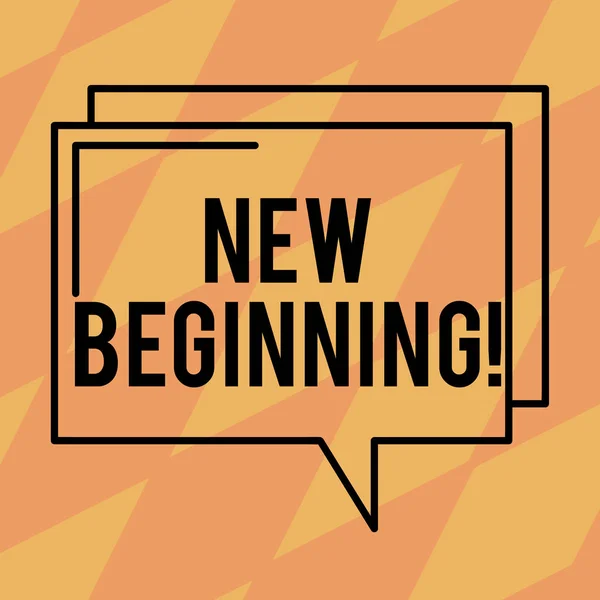 Text sign showing New Beginning. Conceptual photo Fresh Start Changing Form Growth Life New Way to Work Rectangular Outline Transparent Comic Speech Bubble photo Blank Space.